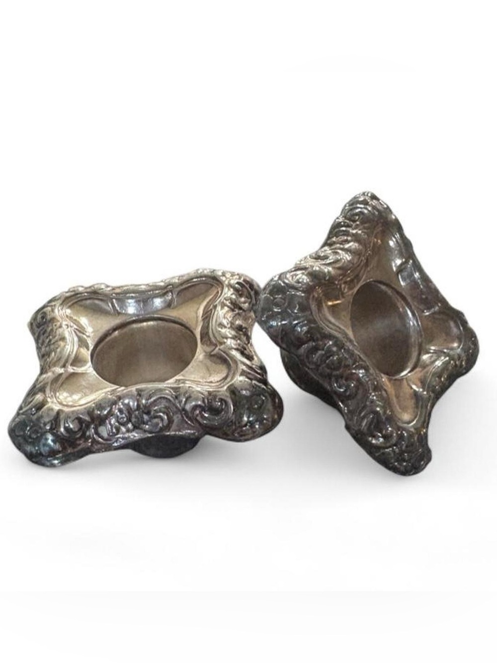 Vintage Silver Plate Low Candleholders Pair Scroll Repousse Taper Candlestick